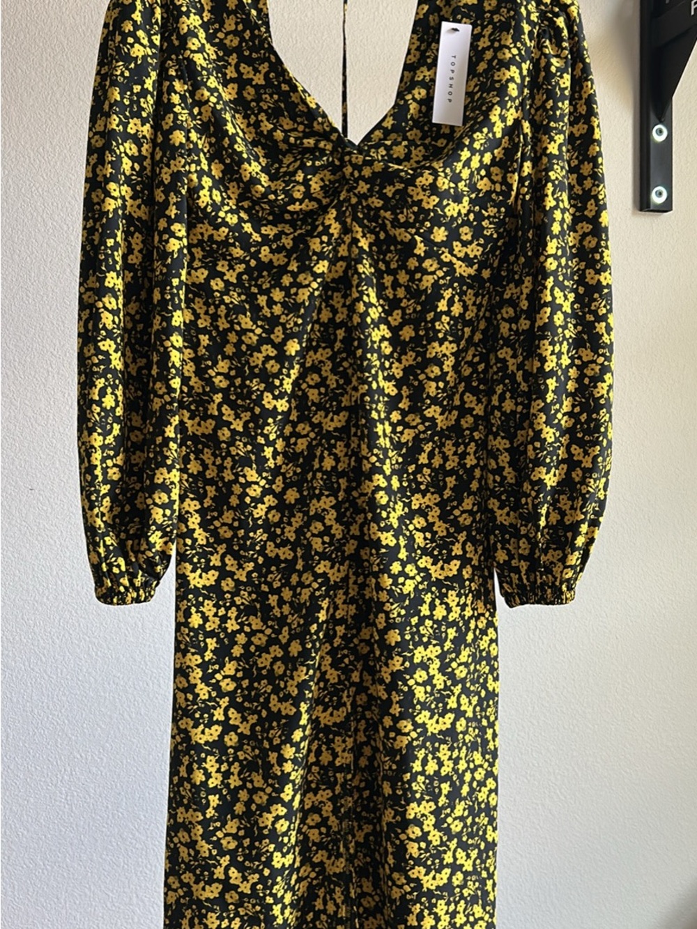 Topshop Black & Yellow Floral Twist-Front Long Sleeve Midi Dress